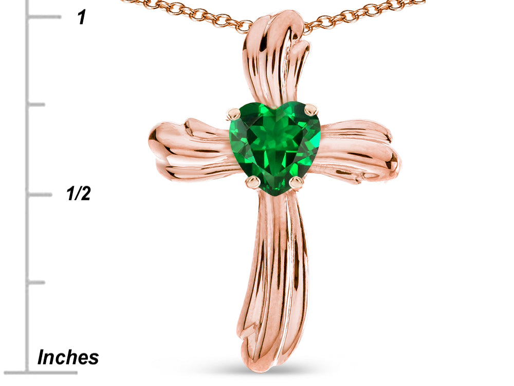 Star K Heart Shape 6mm Simulated Emerald Ribbed Cross Of Love Pendant Necklace 10k Rose Gold