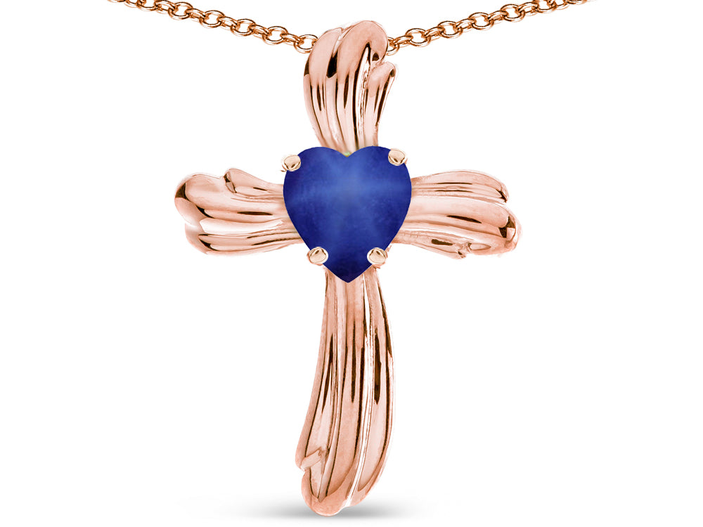 Star K Heart Shape 6mm Created Star Sapphire Ribbed Cross Of Love Pendant Necklace 10k Rose Gold