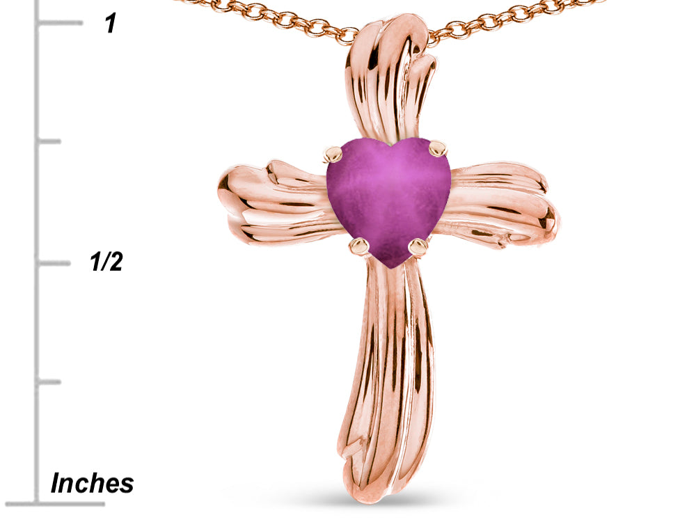 Star K Heart Shape 6mm Created Star Ruby Ribbed Cross Of Love Pendant Necklace 10k Rose Gold