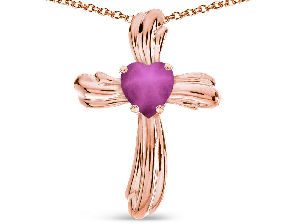 Star K Heart Shape 6mm Created Star Ruby Ribbed Cross Of Love Pendant Necklace 10k Rose Gold