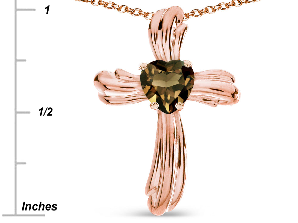 Star K Heart Shape 6mm Genuine Smoky Quartz Ribbed Cross Of Love Pendant Necklace 10k Rose Gold