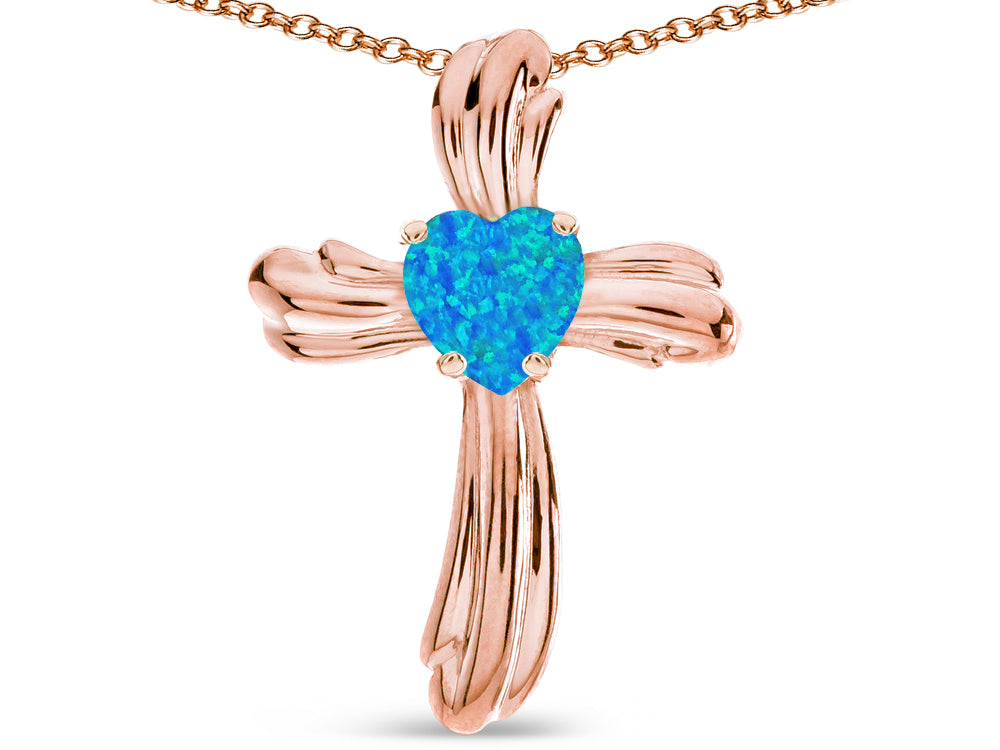 Star K Heart Shape 6mm Blue Created Opal Ribbed Cross Of Love Pendant Necklace 10k Rose Gold