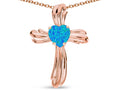 Star K Heart Shape 6mm Blue Created Opal Ribbed Cross Of Love Pendant Necklace 10k Rose Gold