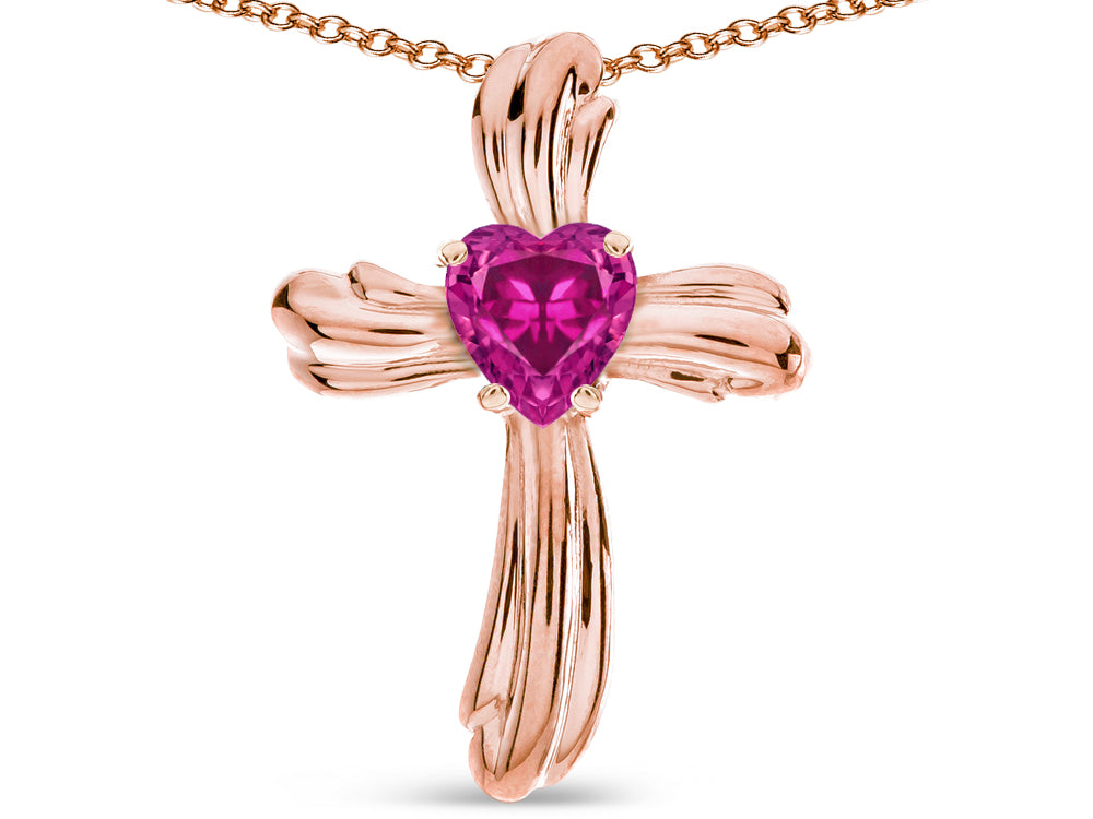 Star K Heart Shape 6mm Simulated Pink Tourmaline Ribbed Cross Of Love Pendant Necklace 10k Rose Gold