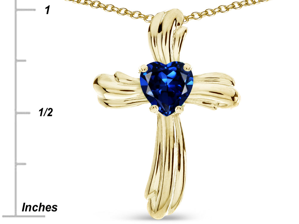 Star K Heart Shape 6mm Created Sapphire Ribbed Cross Of Love Pendant Necklace 14k Yellow Gold