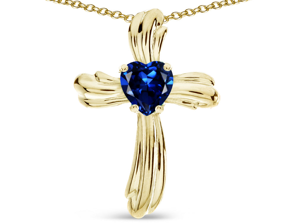 Star K Heart Shape 6mm Created Sapphire Ribbed Cross Of Love Pendant Necklace 14k Yellow Gold
