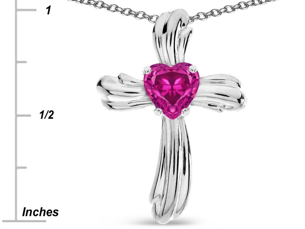 Star K Heart Shape 6mm Simulated Pink Tourmaline Ribbed Cross Of Love Pendant Necklace 10k White Gold