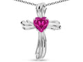 Star K Heart Shape 6mm Simulated Pink Tourmaline Ribbed Cross Of Love Pendant Necklace 14k White Gold