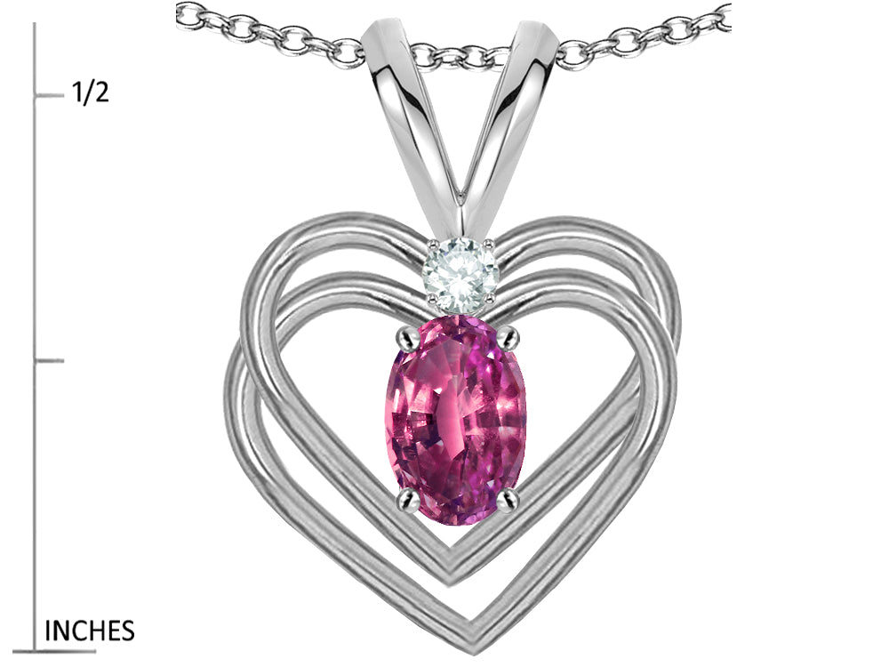 Star K Oval 5x3mm Genuine Pink Tourmaline Knotted Double Heart Pendant Necklace