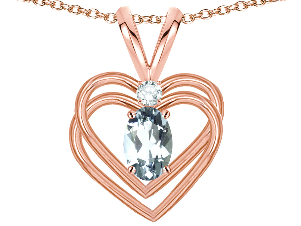 Star K Oval 5x3mm Genuine Aquamarine Knotted Double Heart Pendant Necklace