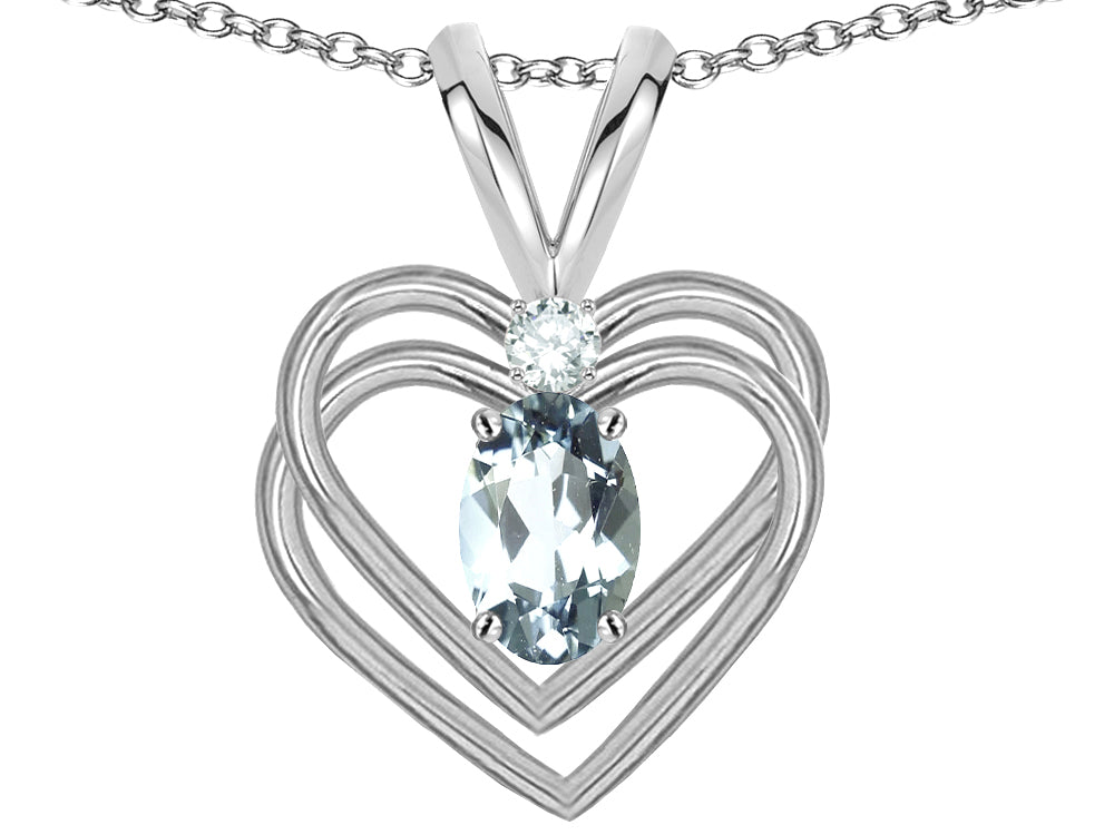 Star K Oval 5x3mm Genuine Aquamarine Knotted Double Heart Pendant Necklace