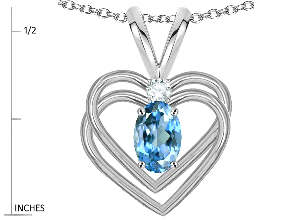 Star K Oval 5x3mm Genuine Blue Topaz Knotted Double Heart Pendant Necklace