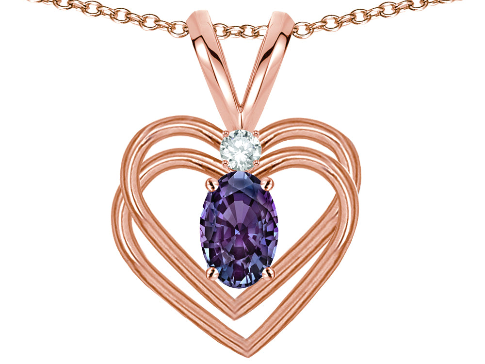 Star K Oval 5x3mm Simulated Alexandrite Knotted Double Heart Pendant Necklace