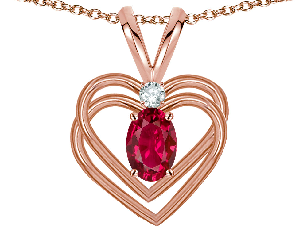 Star K Oval 5x3mm Created Ruby Knotted Double Heart Pendant Necklace
