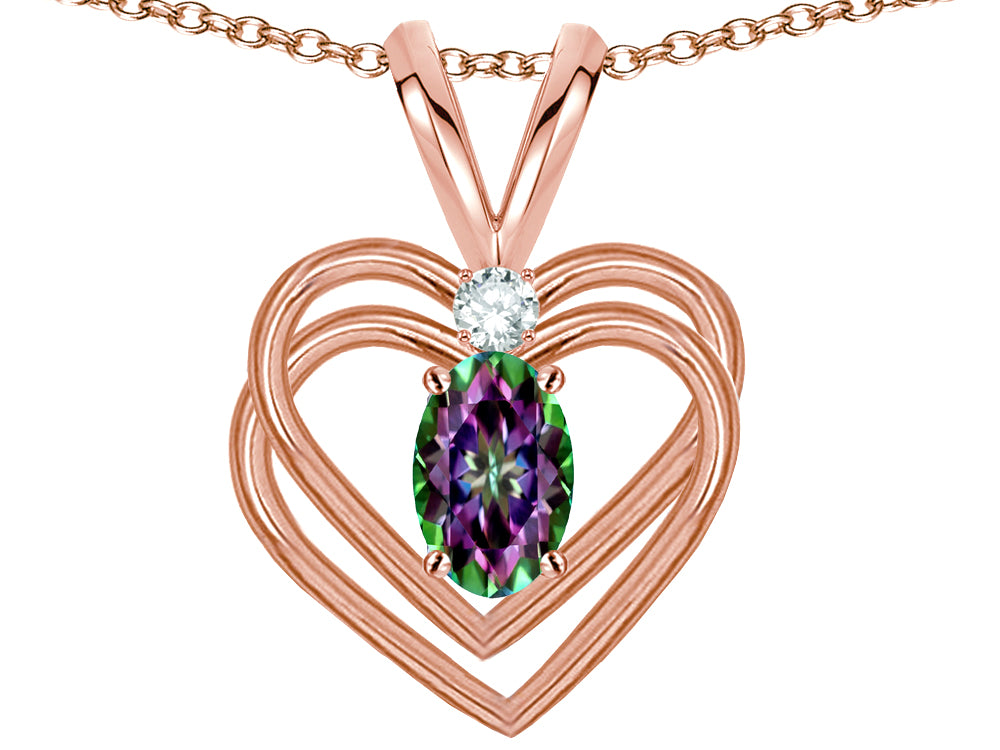 Star K Oval 5x3mm Rainbow Mystic Topaz Knotted Double Heart Pendant Necklace