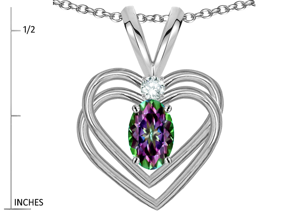 Star K Oval 5x3mm Rainbow Mystic Topaz Knotted Double Heart Pendant Necklace
