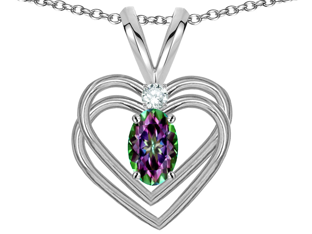 Star K Oval 5x3mm Rainbow Mystic Topaz Knotted Double Heart Pendant Necklace