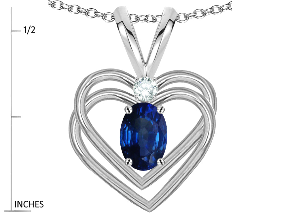 Star K Oval 5x3mm Genuine Sapphire Knotted Double Heart Pendant Necklace