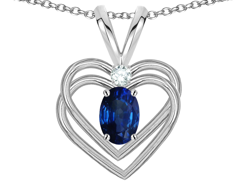 Star K Oval 5x3mm Genuine Sapphire Knotted Double Heart Pendant Necklace
