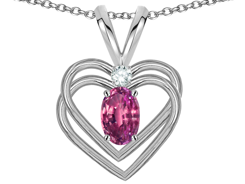 Star K Oval 5x3mm Genuine Pink Tourmaline Knotted Double Heart Pendant Necklace