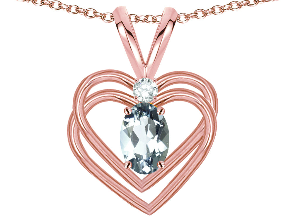 Star K Oval 5x3mm Genuine Aquamarine Knotted Double Heart Pendant Necklace