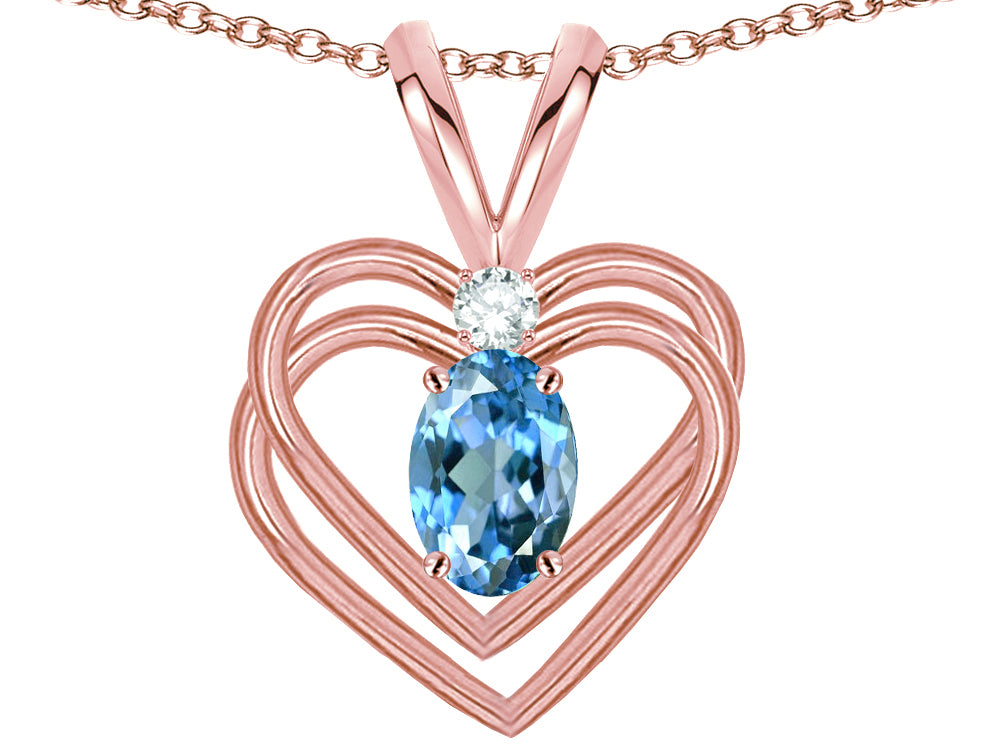 Star K Oval 5x3mm Genuine Blue Topaz Knotted Double Heart Pendant Necklace