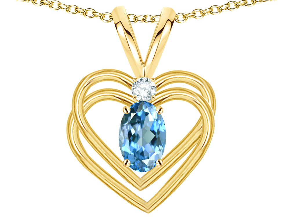 Star K Oval 5x3mm Genuine Blue Topaz Knotted Double Heart Pendant Necklace