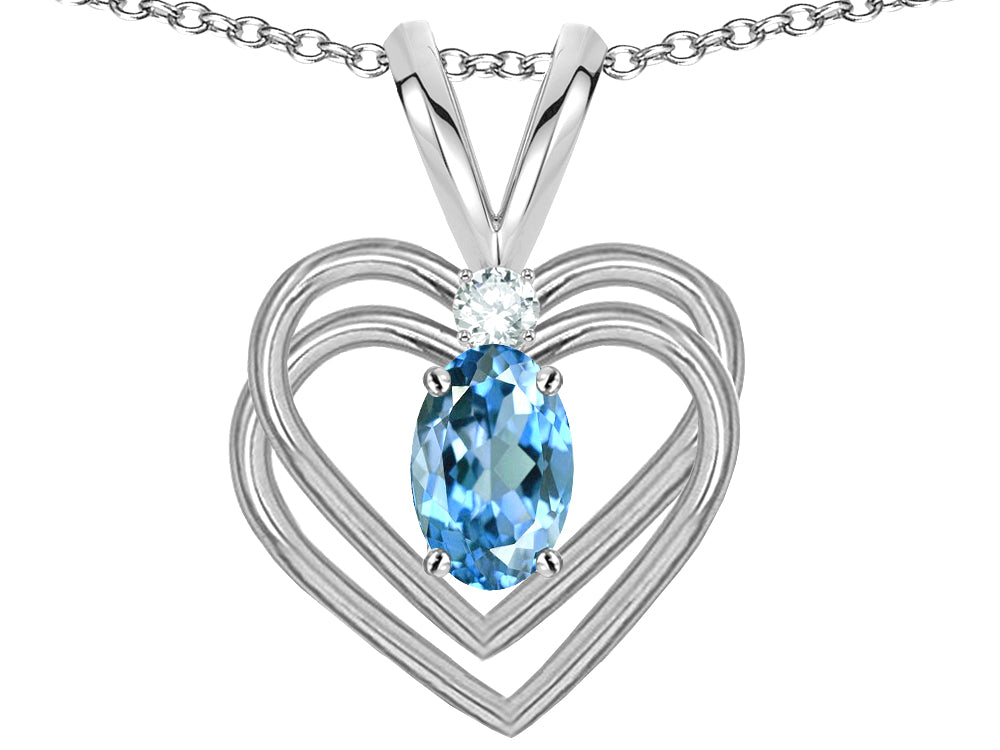 Star K Oval 5x3mm Genuine Blue Topaz Knotted Double Heart Pendant Necklace