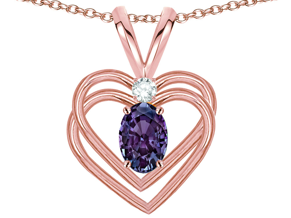 Star K Oval 5x3mm Simulated Alexandrite Knotted Double Heart Pendant Necklace