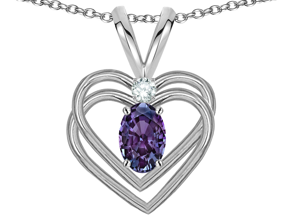 Star K Oval 5x3mm Simulated Alexandrite Knotted Double Heart Pendant Necklace