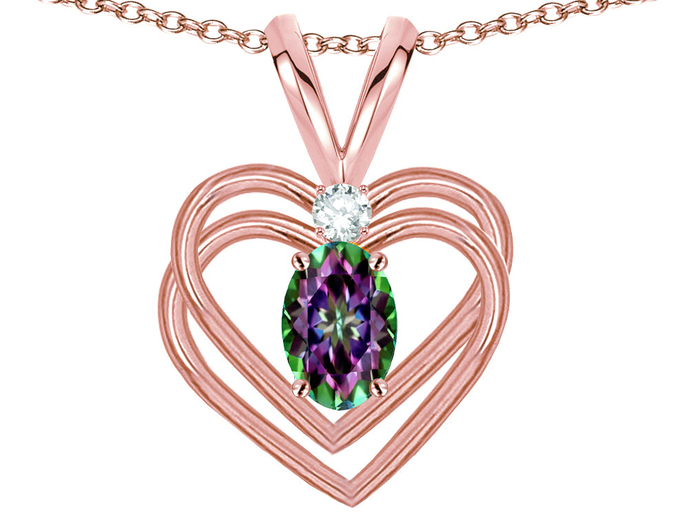 Star K Oval 5x3mm Rainbow Mystic Topaz Knotted Double Heart Pendant Necklace