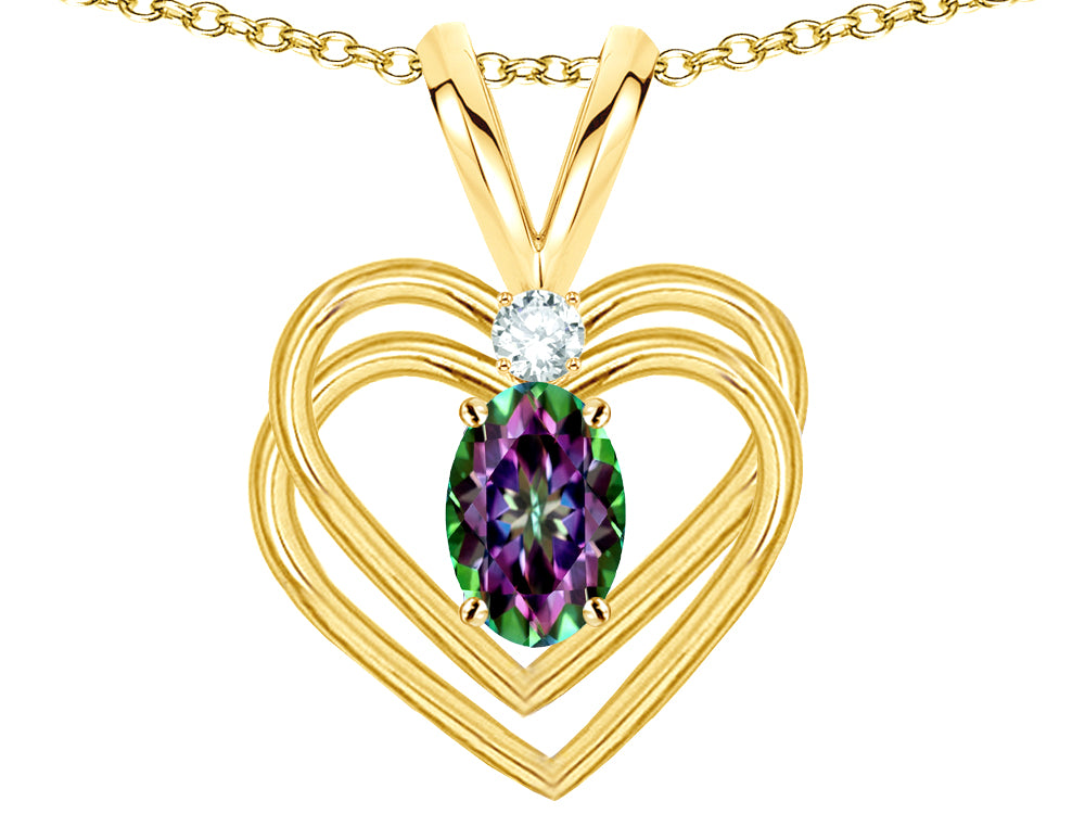 Star K Oval 5x3mm Rainbow Mystic Topaz Knotted Double Heart Pendant Necklace