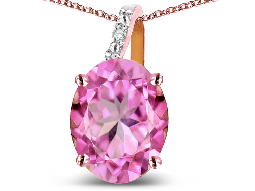 Star K 14k Gold Oval 9x7 Created Pink Sapphire Journey Pendant Necklace
