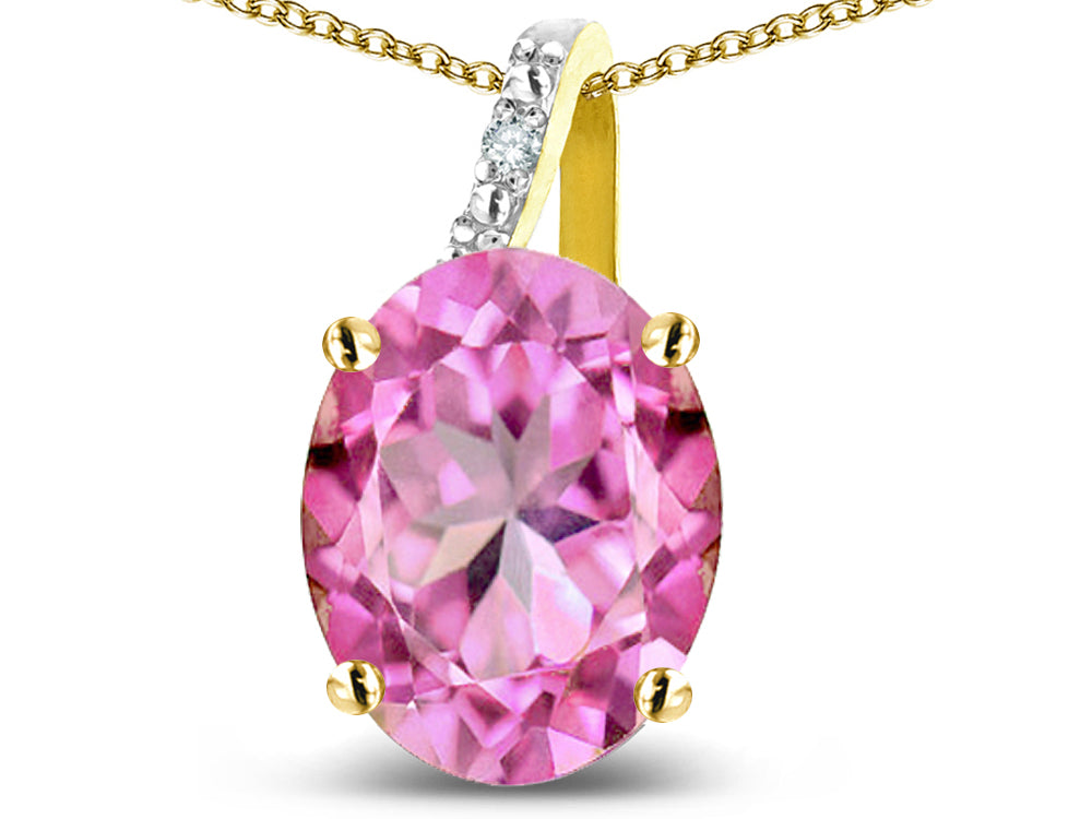 Star K 14k Gold Oval 9x7 Created Pink Sapphire Journey Pendant Necklace