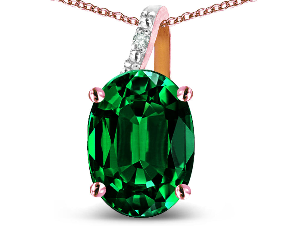Star K 14k Gold Oval 9x7 Simulated Emerald Journey Pendant Necklace
