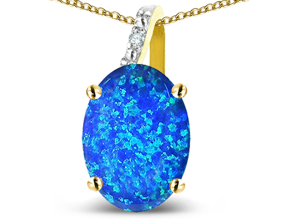 Star K 10k Gold Oval 9x7 Created Blue Opal Journey Pendant Necklace