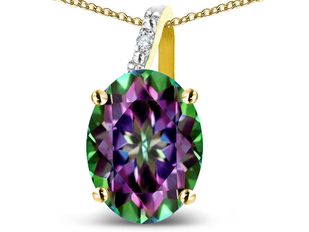 Star K 10k Gold Oval 9x7 Rainbow Mystic Topaz Journey Pendant Necklace