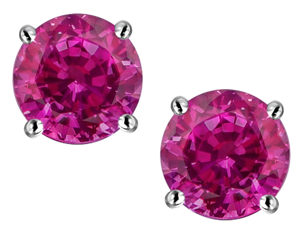 Star K Classic Round  7mm Simulated Pink Tourmaline Four Prong Stud Earrings
