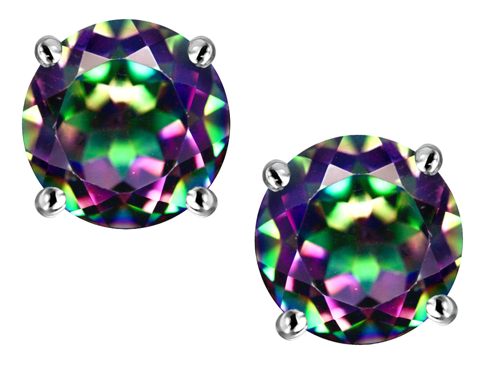 Star K Classic Round  7mm Rainbow Mystic Topaz  Four Prong  Stud Earrings