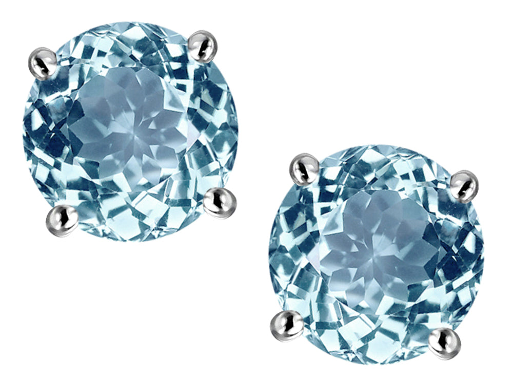 Star K Classic Round  7mm Simulated Aquamarine Four Prong  Stud Earrings