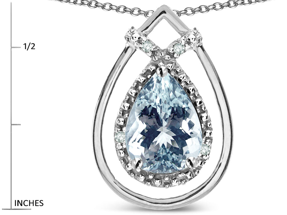 Star K 8x6 Pear Shape Genuine Aquamarine Halo Pendant Necklace