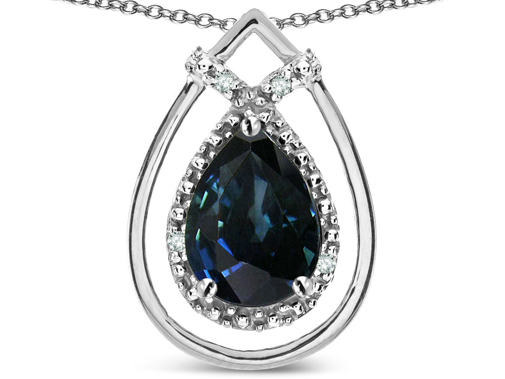 Star K 8x6 Pear Shape Genuine Sapphire Halo Pendant Necklace