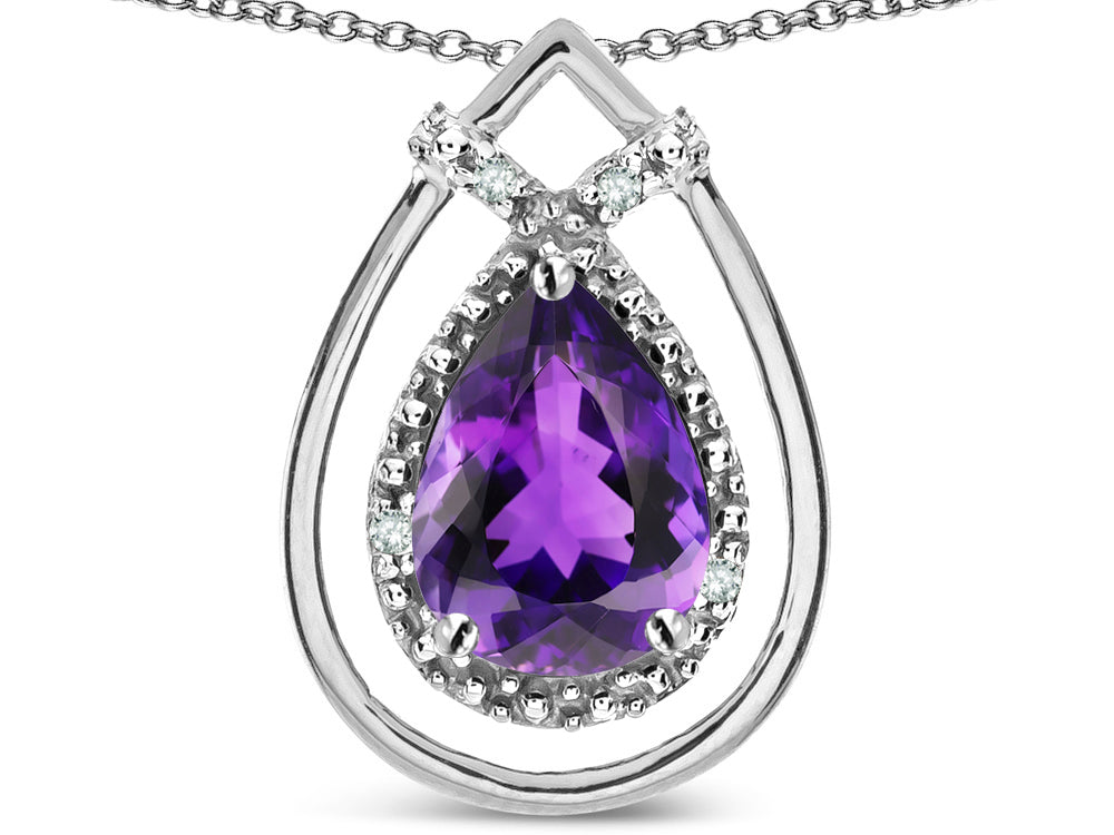 Star K 8x6 Pear Shape Genuine Amethyst Halo Pendant Necklace