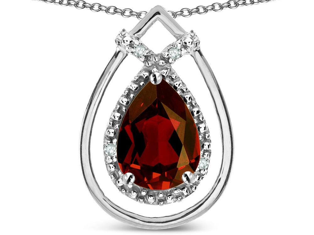Star K 8x6 Pear Shape Genuine Garnet Halo Pendant Necklace