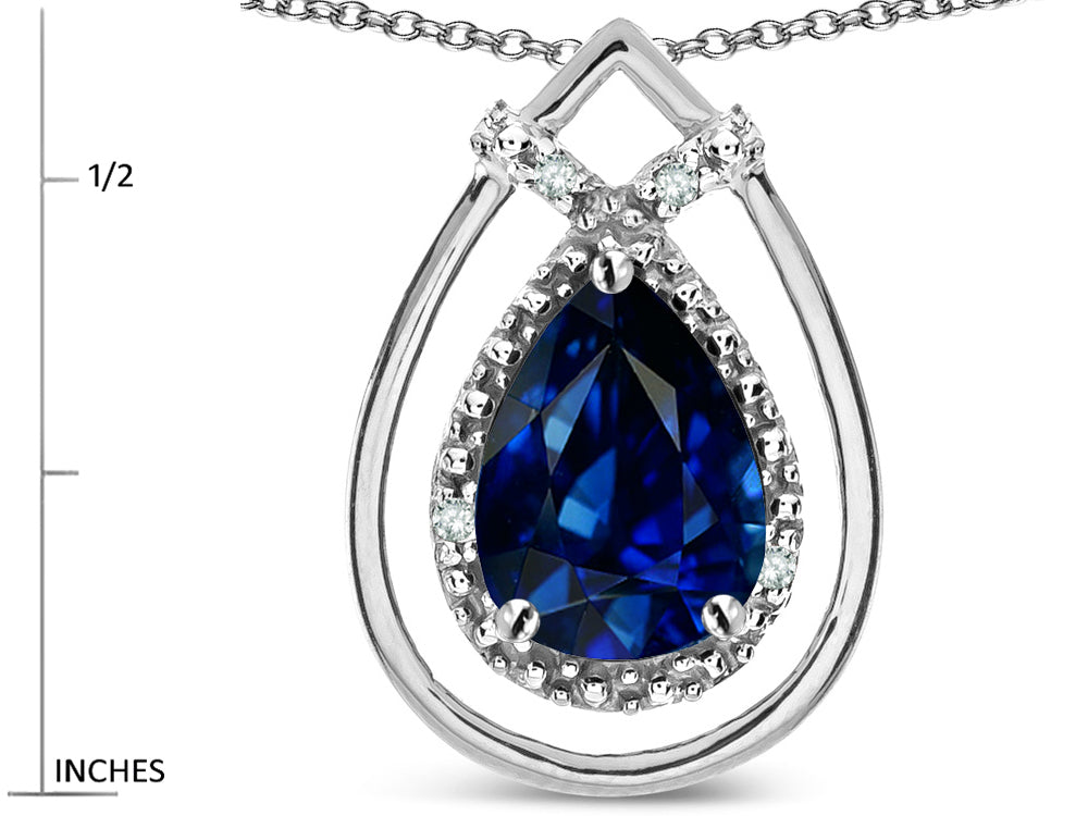Star K 8x6 Pear Shape Created Sapphire Halo Pendant Necklace