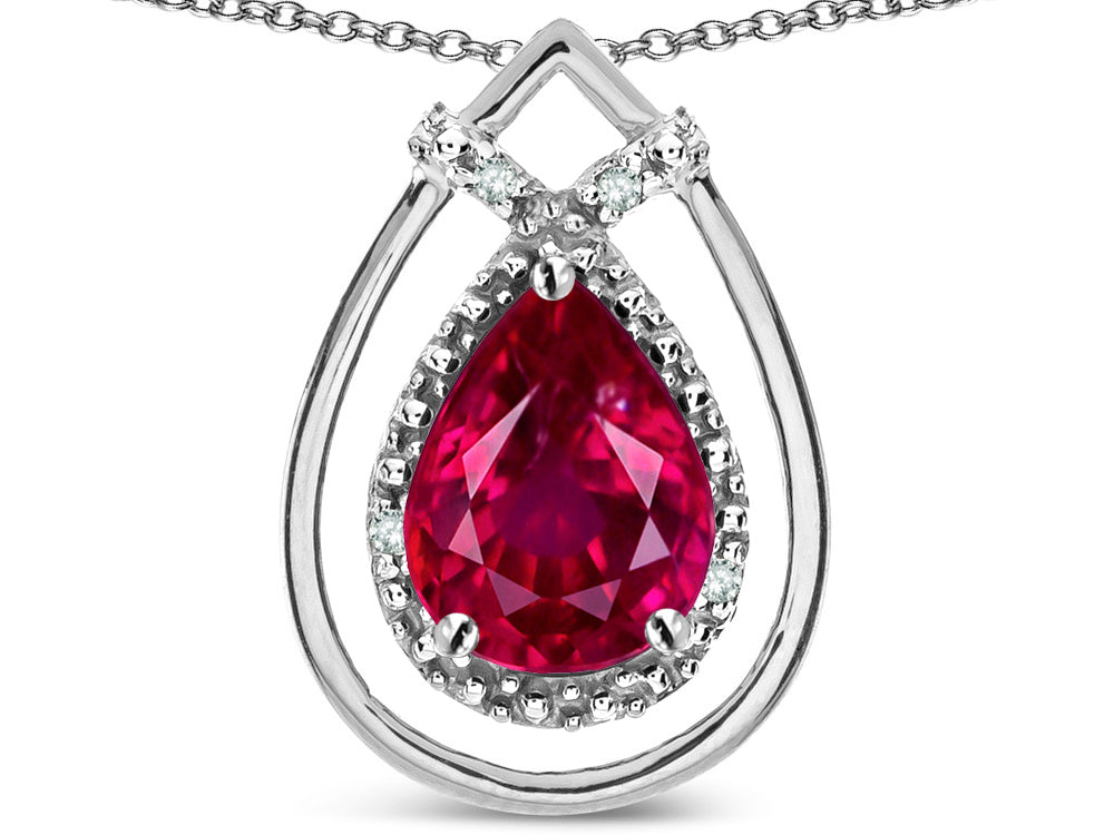 Star K 8x6 Pear Shape Created Ruby Halo Pendant Necklace