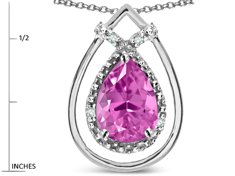 Star K 8x6 Pear Shape Created Pink Sapphire Halo Pendant Necklace
