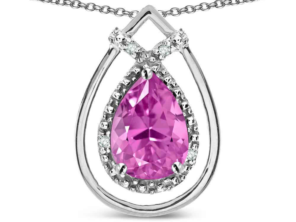 Star K 8x6 Pear Shape Created Pink Sapphire Halo Pendant Necklace