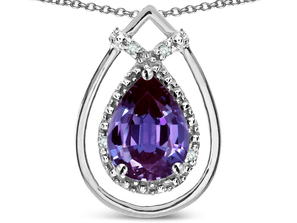 Star K 8x6 Pear Shape Simulated Alexandrite Halo Pendant Necklace