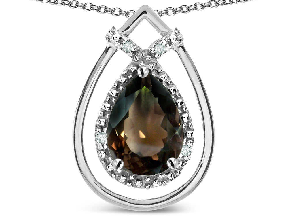 Star K 8x6 Pear Shape Genuine Smoky Quartz Halo Pendant Necklace